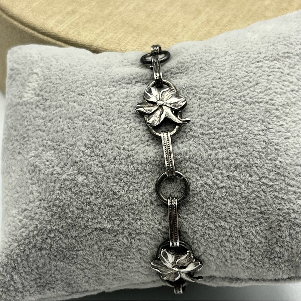 Vintage 1940s art deco Sterling silver plumeria chain link Bracelet - Picture 9 of 10